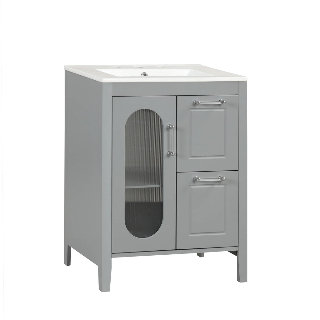 Soges 24" Bathroom Vanity with Ceramic Sink, Solid Wood Bathroom Makeup Cabinet with Door, Adjustable Shelf and 2 Drawer, Free Standing Single Basin Vanity Set for Small Bathroom, White