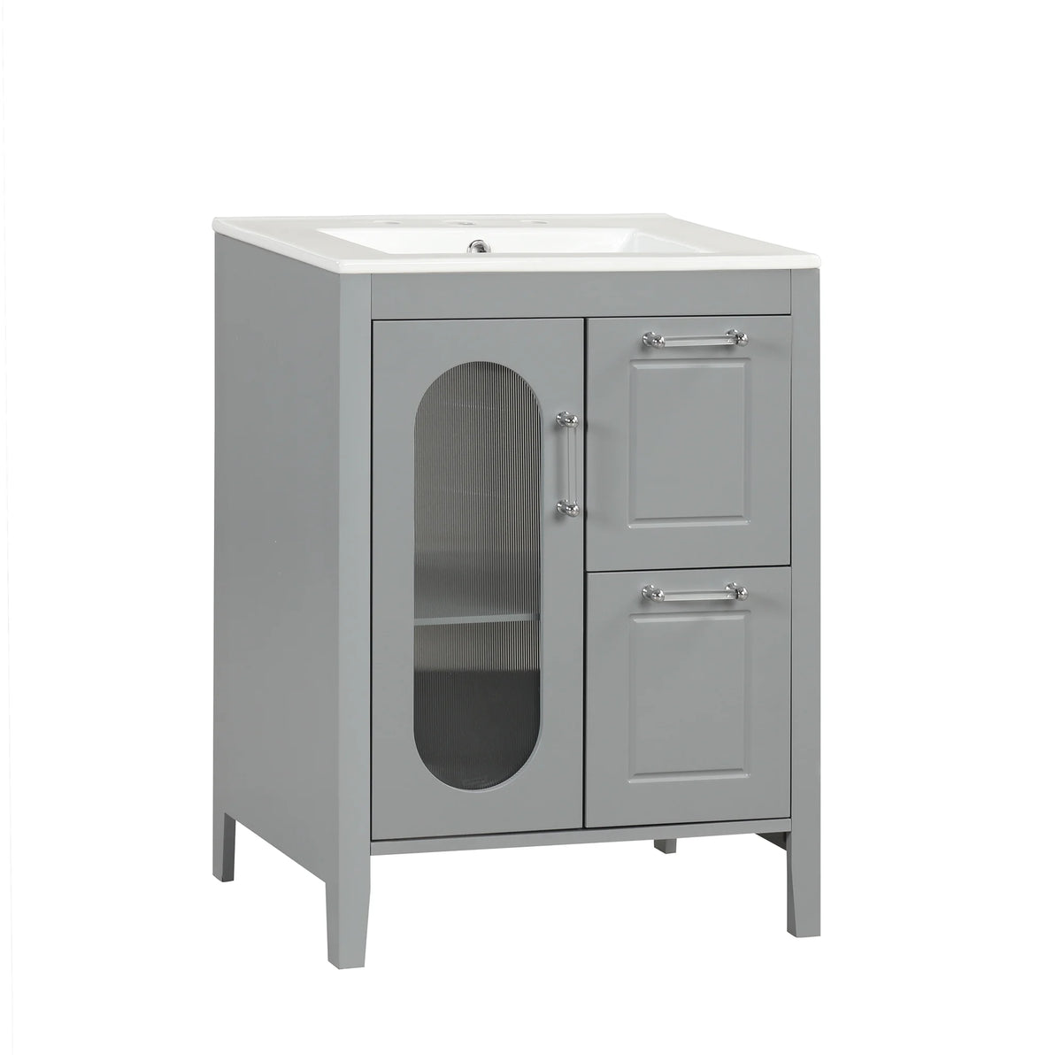 Soges 24" Bathroom Vanity with Ceramic Sink, Solid Wood Bathroom Makeup Cabinet with Door, Adjustable Shelf and 2 Drawer, Free Standing Single Basin Vanity Set for Small Bathroom, White