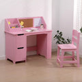 Garvee Kids Study Desk and Chair Set, Wooden School Learning Table with Storage, Kigs Writing Desk with Hutch and Bulletin Board, Children Computer Desk with Chair, Small Toddler Desk for Home, Pink