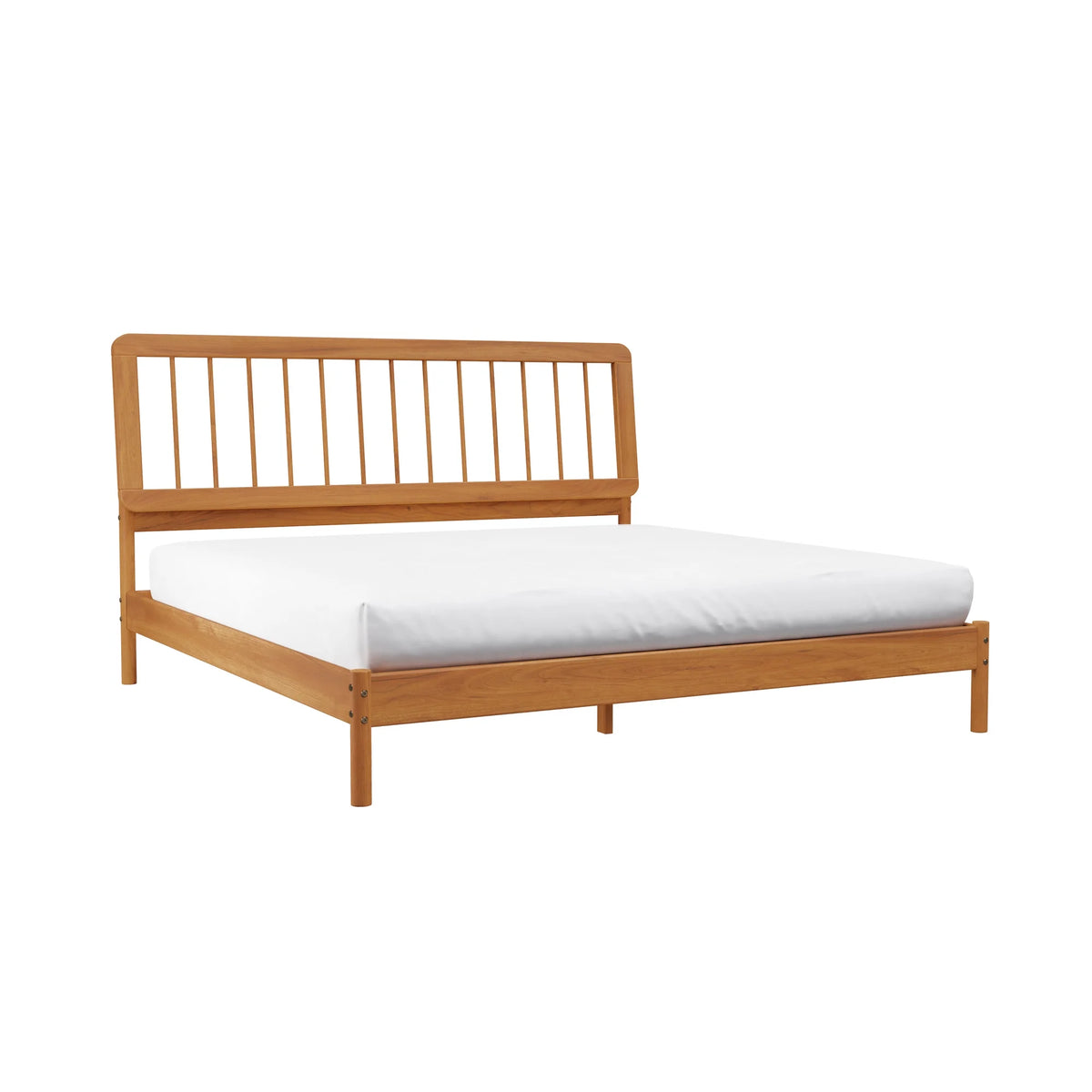 Walker Edison Mid-Century Modern Slatted Solid Wood Queen Bedframe, Natural Pine