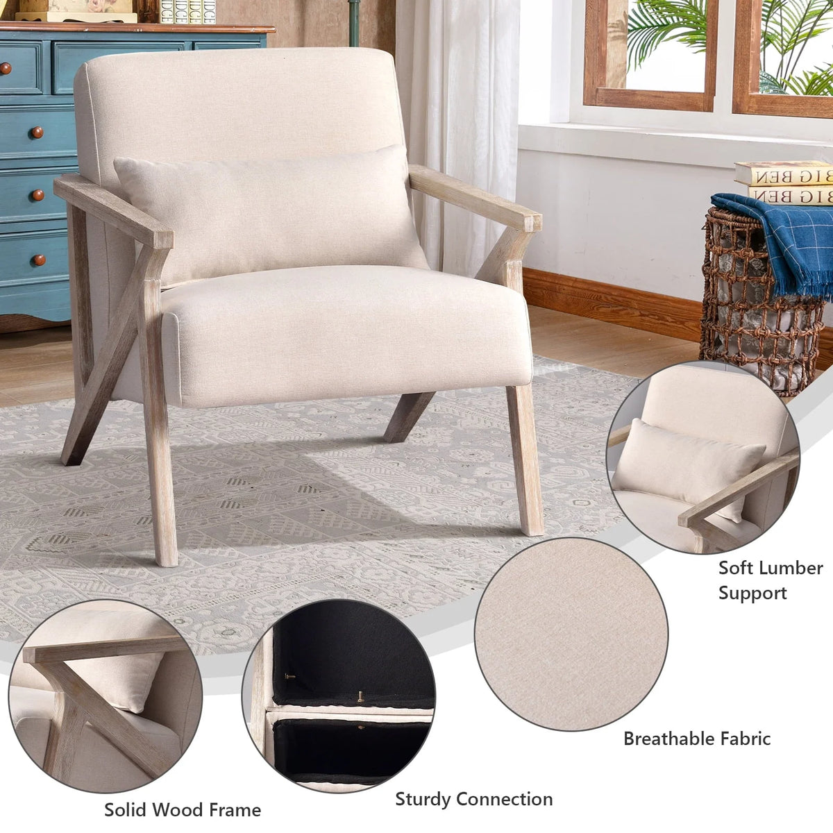 Bonzy Home Mid Century Accent Chair, Single Sofa Armchair for Living Room, Bedroom, Balcont,Beige