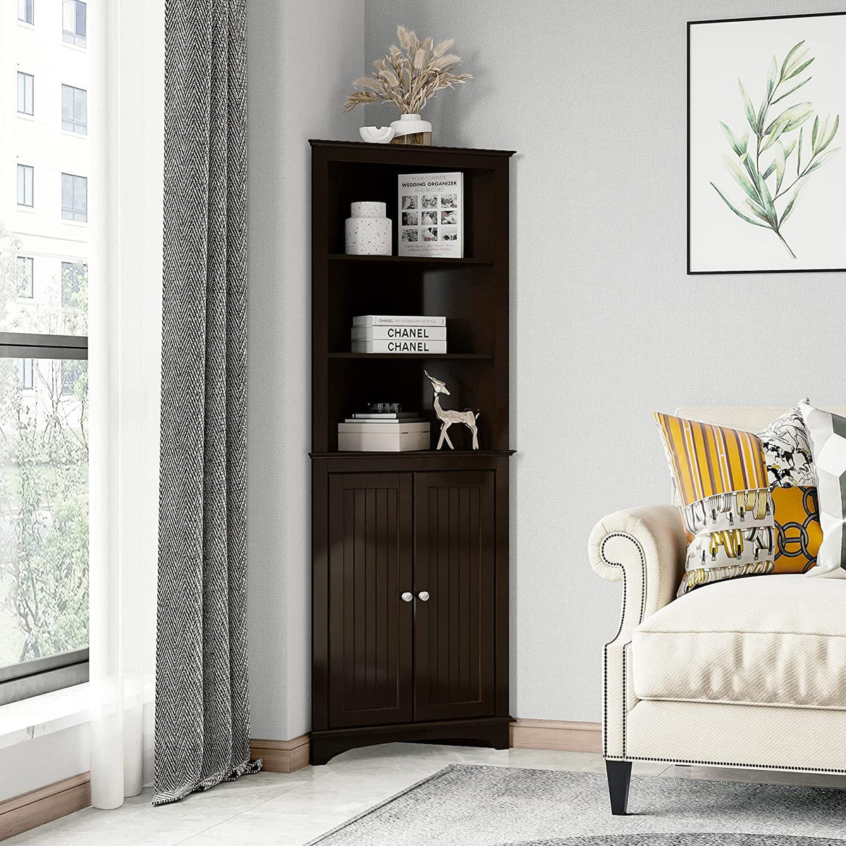 Spirich Tall Corner Cabinet with 2 -Shutter Doors, free-standing floor cabinet, White