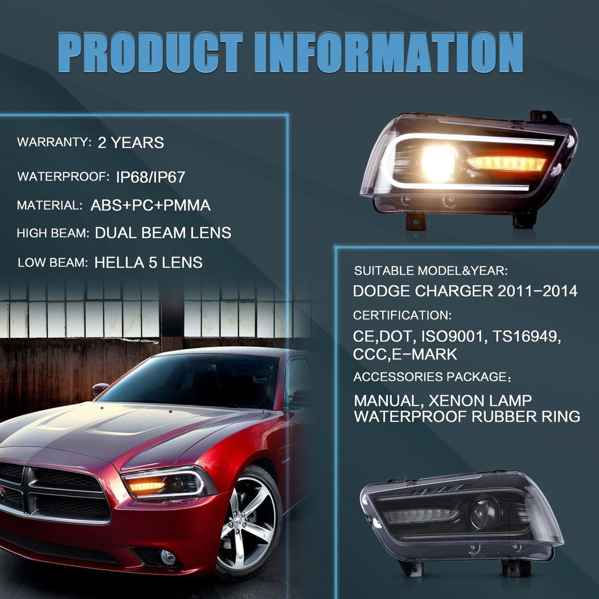 VLAND for Dodge Charger 2011 2012 2013 2014 Dual Beam Projector Headlights Replacement Assembly