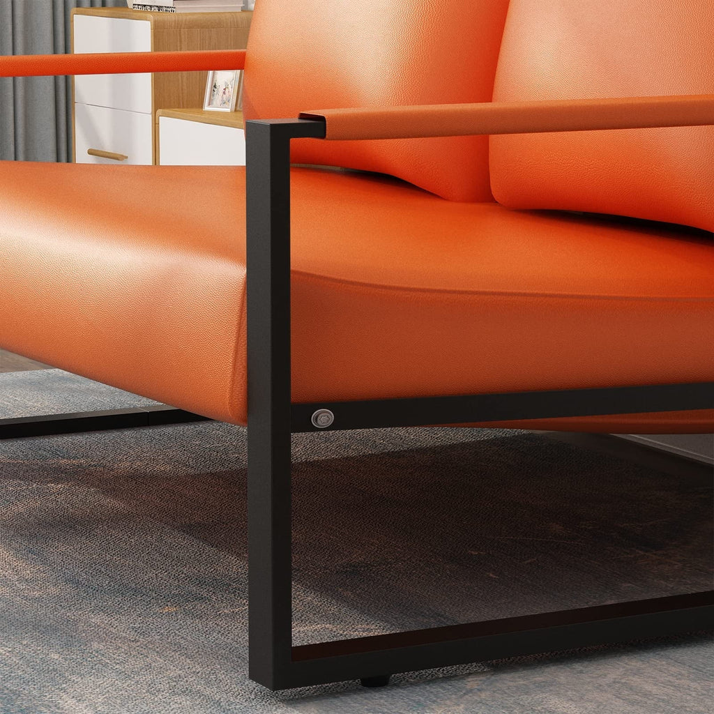 AWQM Mid-Century Loveseat Sofa, Faux Leather Loveseat 2-Seat Sofa Couch Metal Accent Chair with Extra-Thick Padded Seat & Backrest Love Seat for Living Room, Small Spaces, Orange