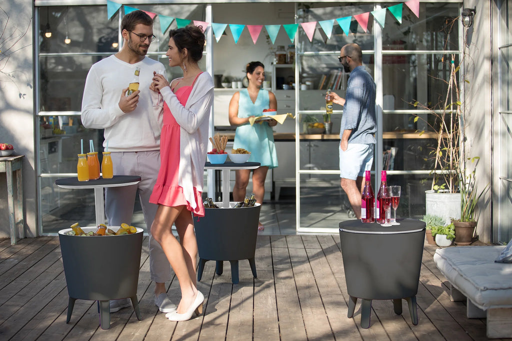 Keter Pacific 7.5 Gallon Cool Bar 2 in 1 Weather Resistant Side Table and Bar Durable Resin Outdoor Patio Beverage Cooler Table, Rattan Look Brown