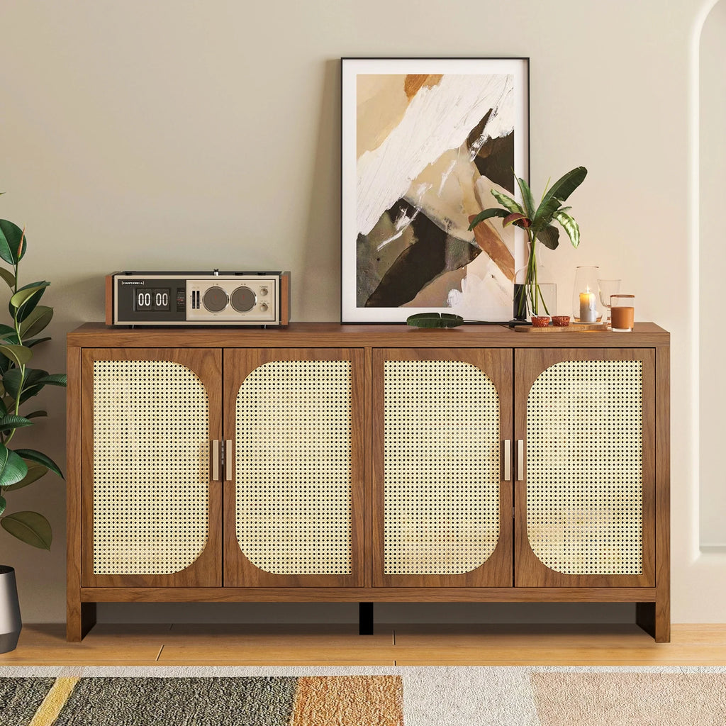 Modern Rattan Sideboard Buffet Cabinet, Kitchen Storage Cabinet, Living Room TV Stand for TVs up to 65", Entertainment Center with Adjustable Shelf, for Dining Living Room Hallway, White