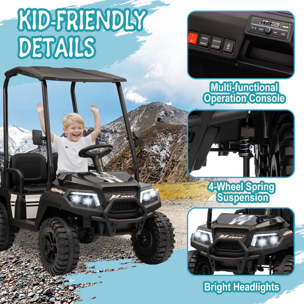 24V XL Kids Ride on Golf Cart, Electric Car w/Remote Control, Detachable Awning, 4 Seats, 3 Speeds, LED Lights, Spring Suspension, Bluetooth, Audio, Blue