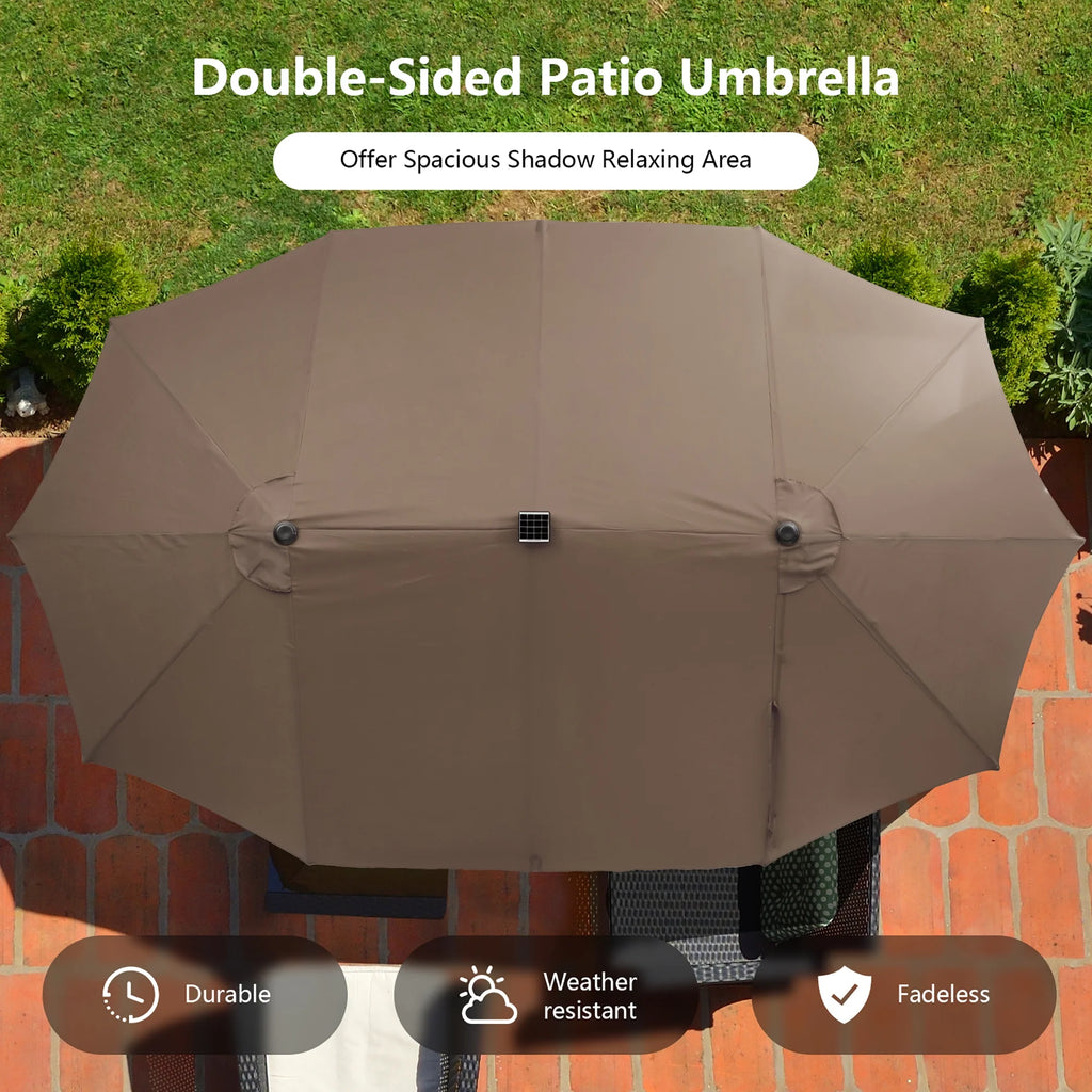Costway 15FT Twin Patio Double-Sided Umbrella 48 Solar LED Lights Crank Outdoor Beige