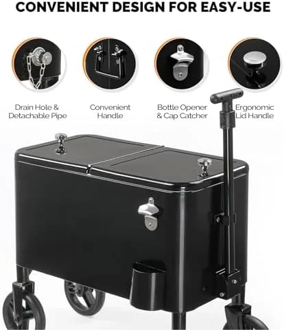 80 Quart Wagon Rolling Cooler Ice Chest, /Long Handle and 10" Wheels, Portable Beach Patio Party Bar Cold Drink Beverage, Outdoor Park Cart on Wheels