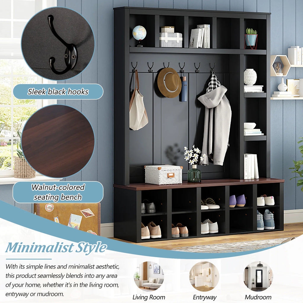 Euroco Farmhouse Wooden Style Hall Tree with 6 Hooks, Walnut Storage Bench, Adjustable Shelves, and 4-in-1 Entryway Shoe Cabinet with 13 Cubbies