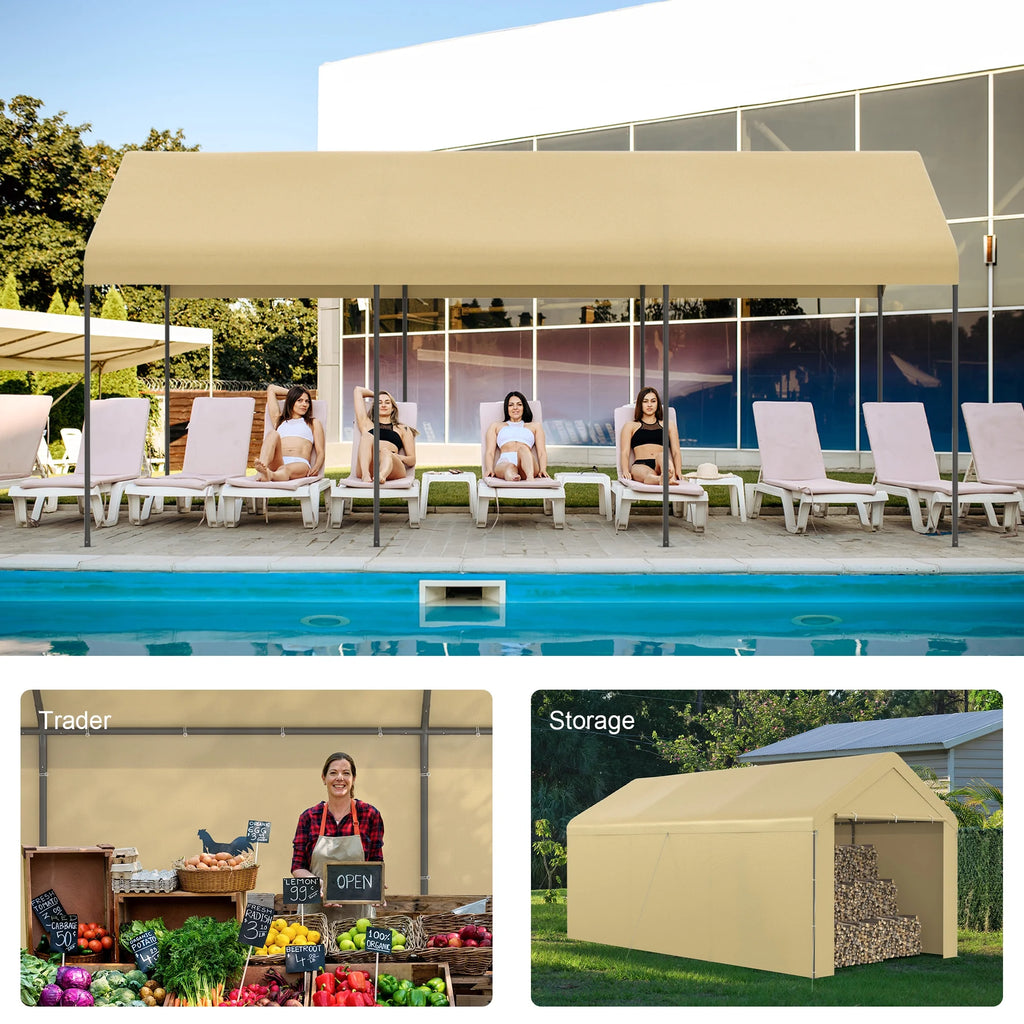 GOJOOASIS Carport, 10 x 20 Heavy Duty Carport Canopy with Removable Sidewall, Water-Resistant Portable PE Garage with All-Season Tarp Beige