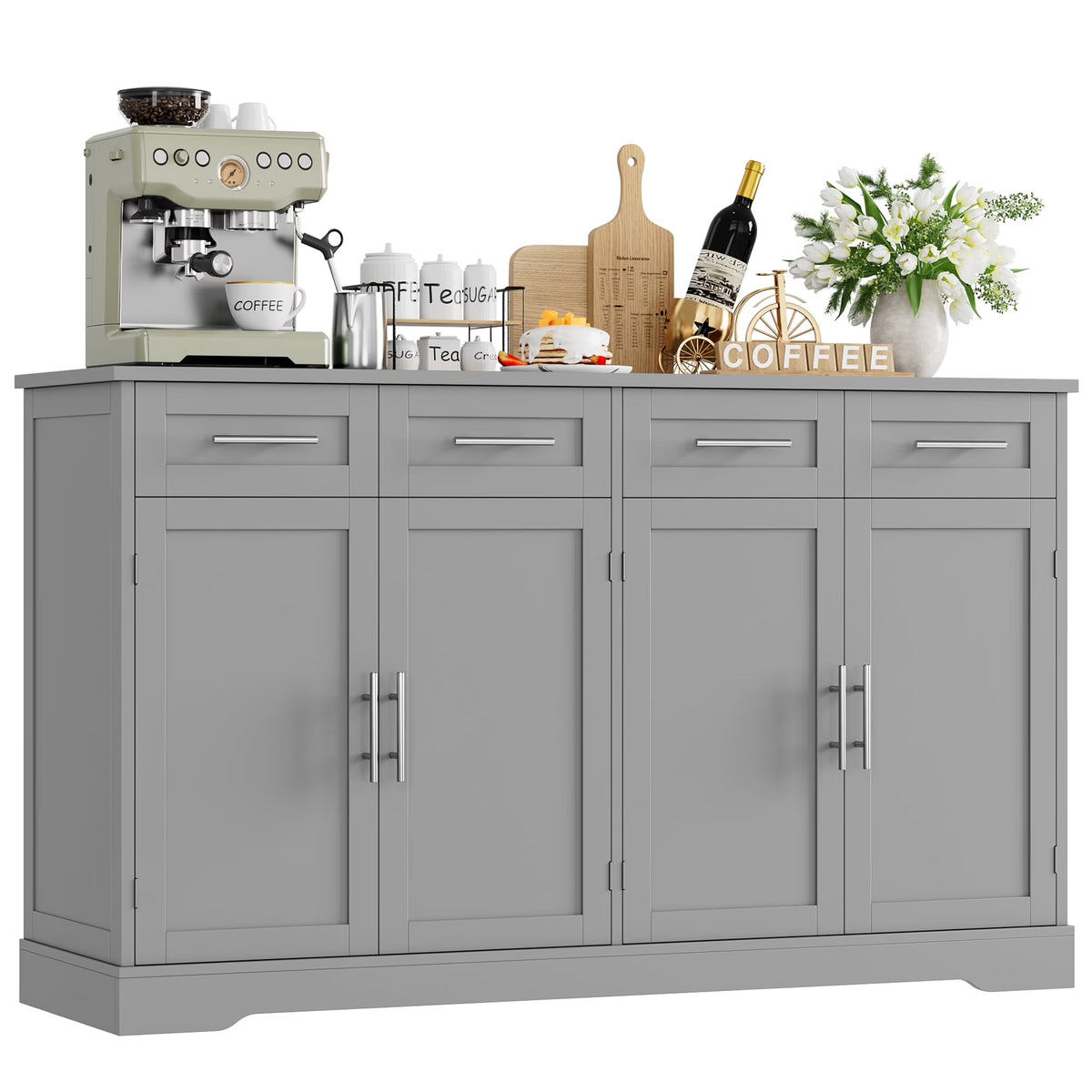 Homfa Farmhouse Buffet Cabinet with 4 Drawers and 4 Doors, 59" W Sideboard Buffet Storage Cabinet with Shelves, for Kitchen Living Room Bedroom, Wash Gray