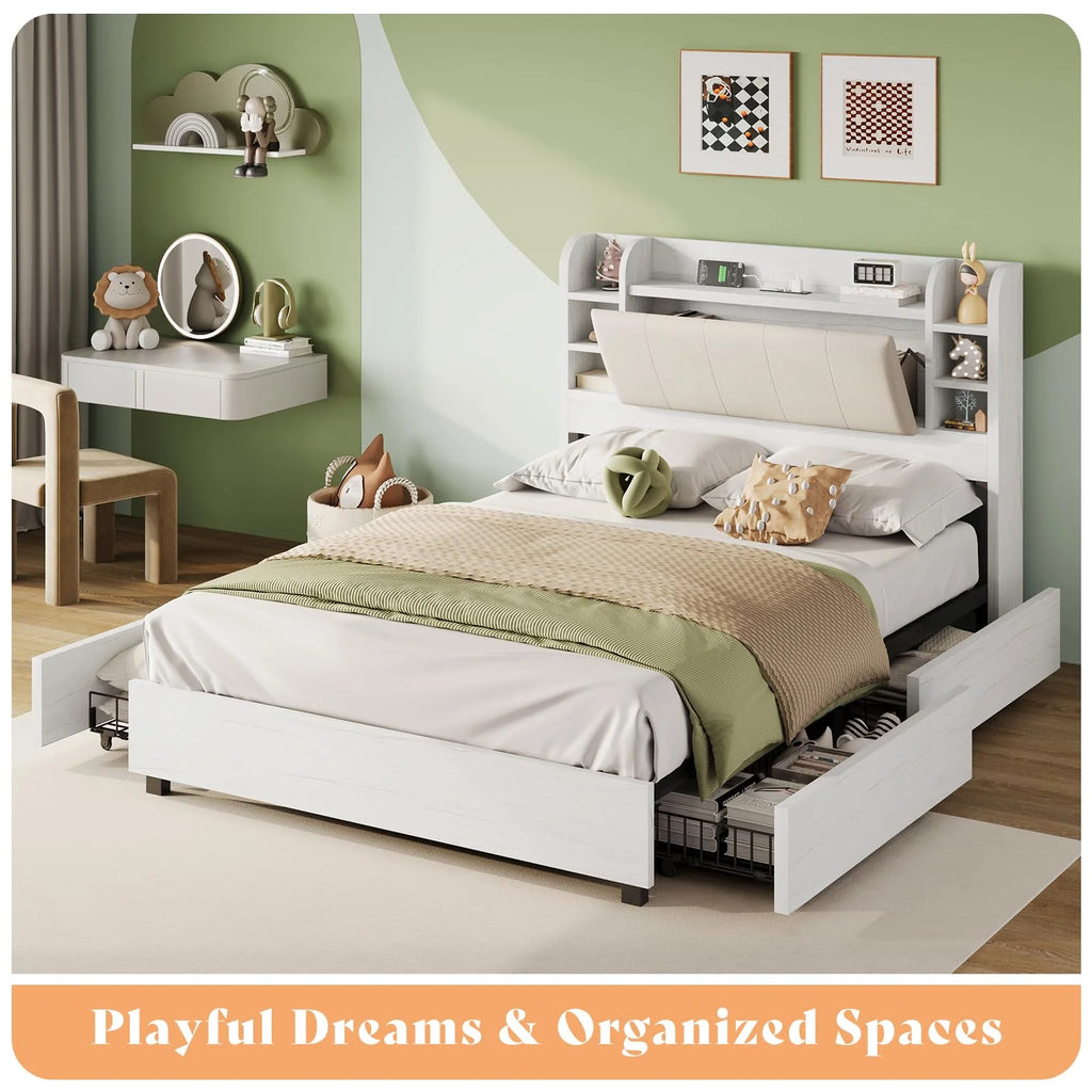PLAUIN King Size Bed Frame with Storage Drawers, 47.2" Headboard and Wooden Platform, Grey