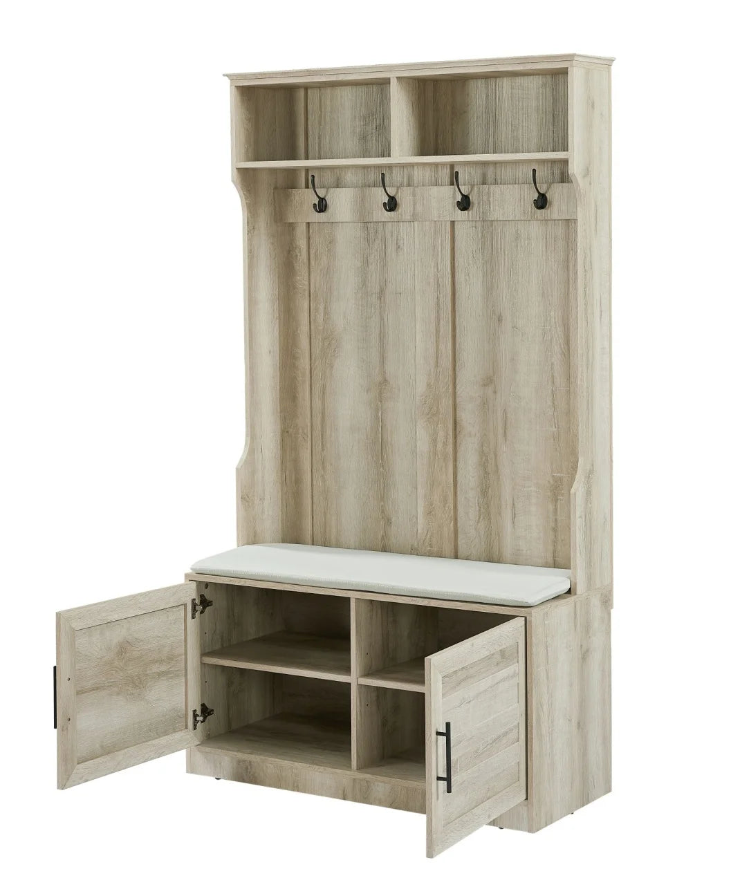 Entryway Hall Tree with Storage Bench, Wooden Coat Rack with Sponge Pad and 4 Dual Hooks, Storage Shelf Organizer with 2-Door Cabinet for Entryway, Bedroom, Easy to Assemble
