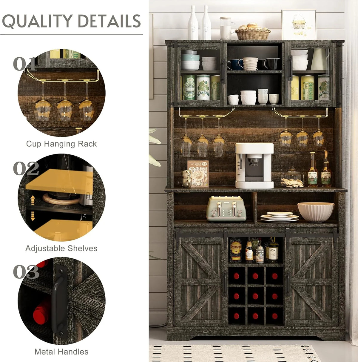 72" Farmhosue Coffee Bar Cabinet with Storage, Tall Kitchen Buffet with Hutch & Wine & Glasses Rack, Sliding Barn Door, Charging Station, RGB Lighting, 12 Storage Shelves, Sideboard Table