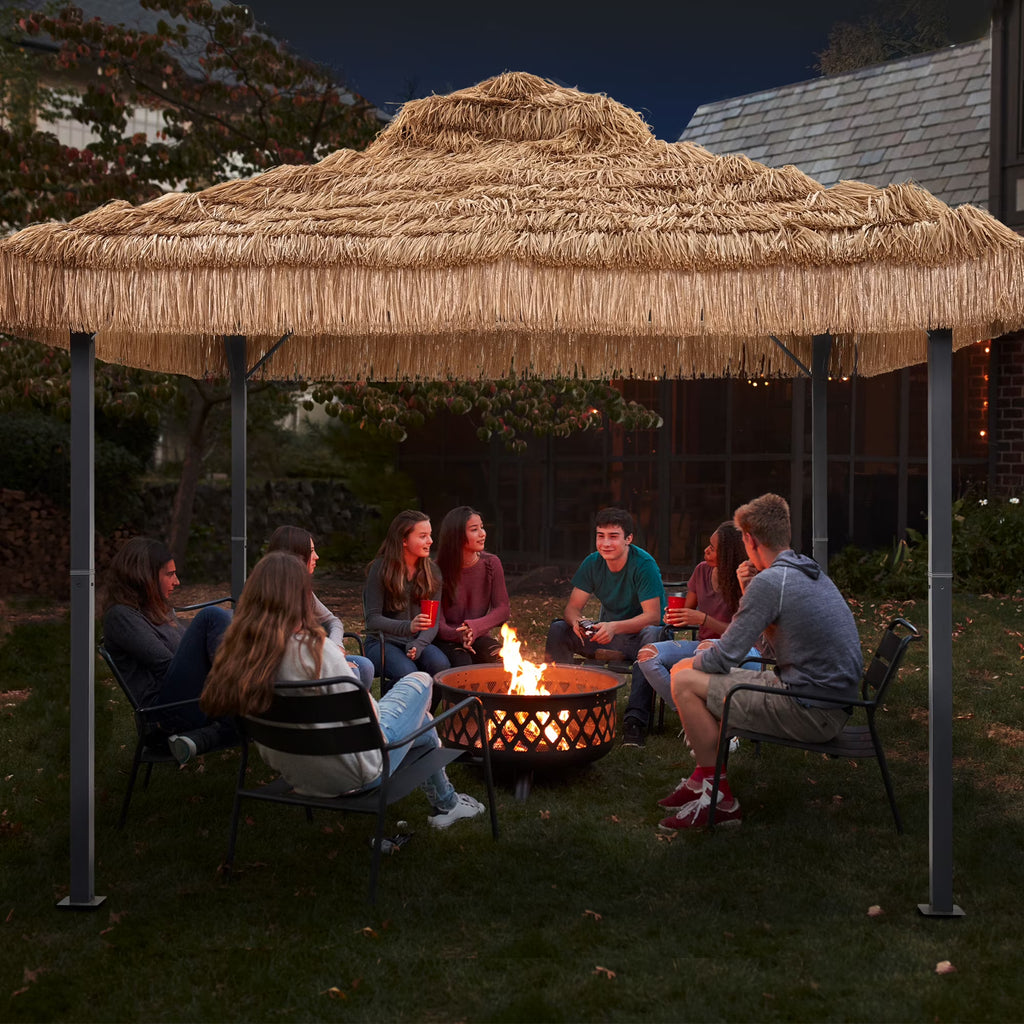 Ainfox 10x10 Thatched Tiki Pavilion Gazebo, Patio Gazebo with Straw Thatch Roofing, Hawaiian Style Steel Frame