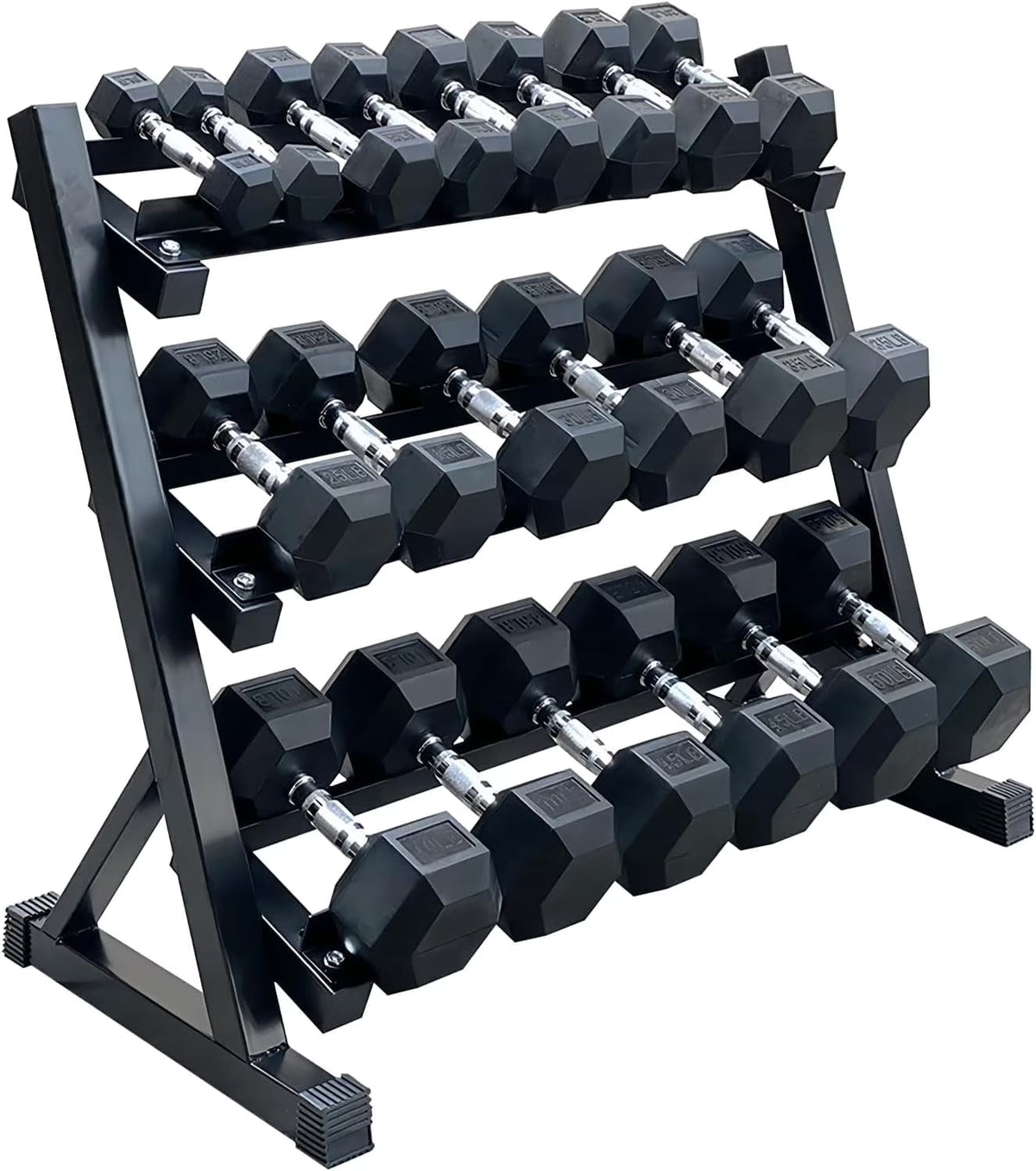 350 lbs Hex Dumbbell Set with Rack, 5-50 lbs Pairs - Rubber Coated Iron Weights for Home Gym, Strength Training & Muscle Building