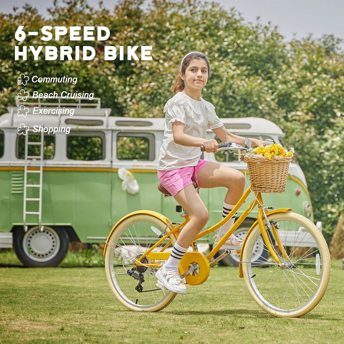Glerc Missy 24" Girls Cruiser Bike 6-Speed Women's Hybird Bicycle for Ages 7-11 Years, Mint Green