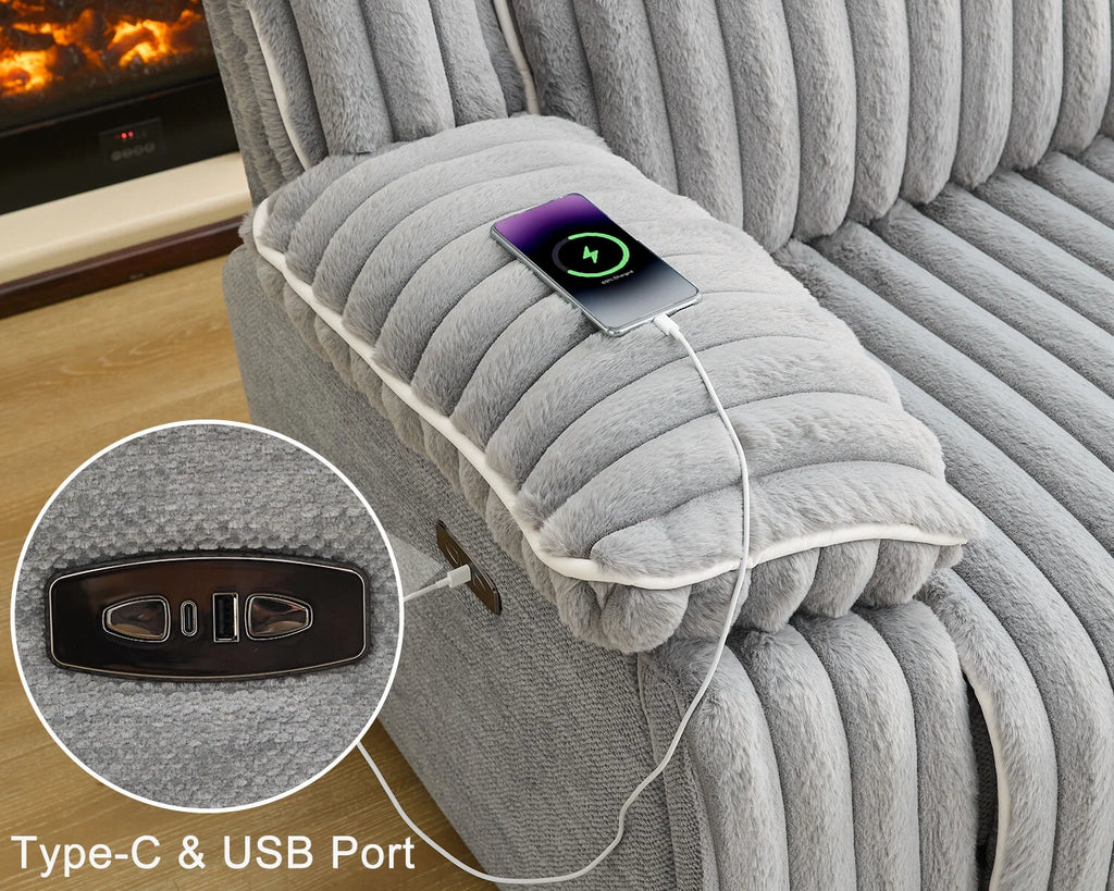 Power Reclining Sectional Sofa with Wireless Charger,6-Seater Faux Fur Sectional with Recliners,Hidden Cup Holders,Storage Console,USB & Type-C Ports,Black