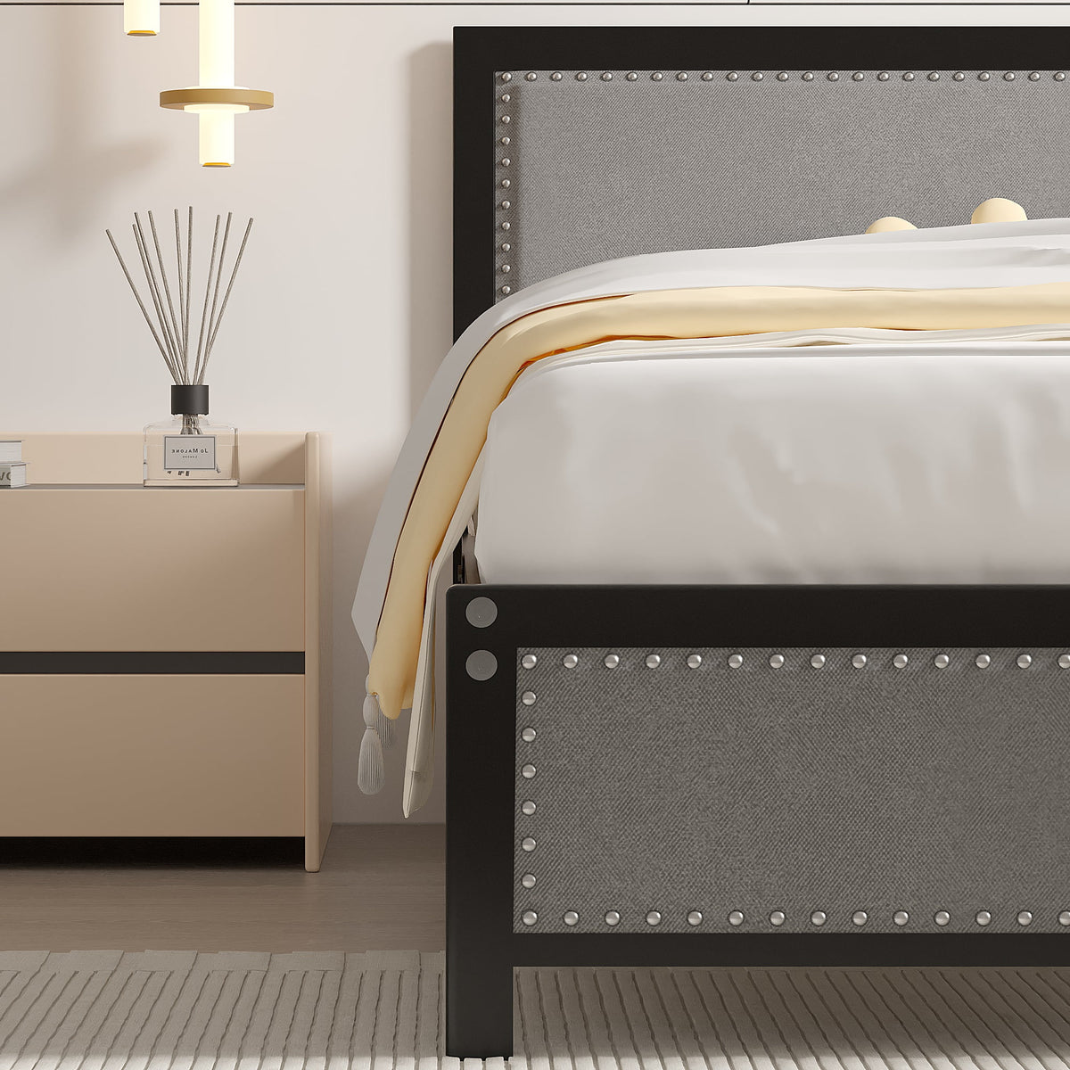 VECELO Queen Size Bed Frame Metal Platform Bed with Upholstered Headboard, No Box Spring Needed, Black