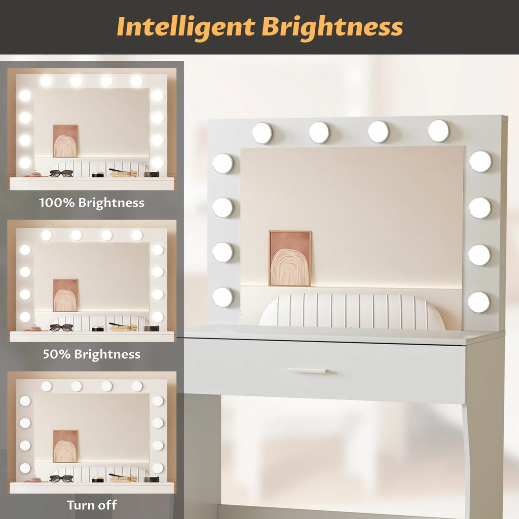 Vanity Table Set with Lighted Mirror,Makeup Vanity with Lights, Large Drawer Sturdy Wood Vanity, White