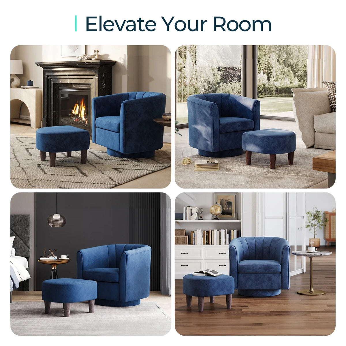 LINSY HOME Swivel Accent Chair with Ottoman, Velvet Barrel Chair for Living Room, Blue