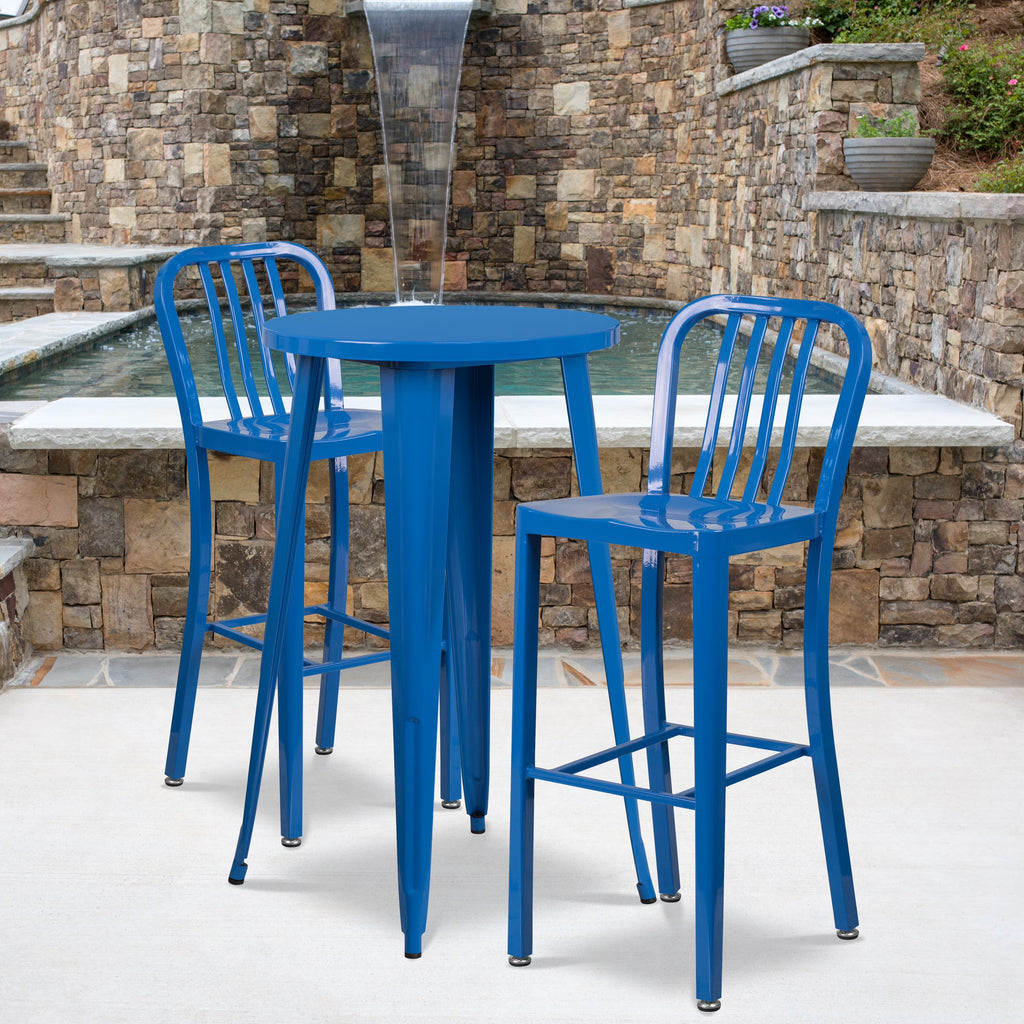 Flash Furniture Earl Commercial Grade 24" Round Silver Metal Indoor-Outdoor Bar Table Set with 2 Vertical Slat Back Stools