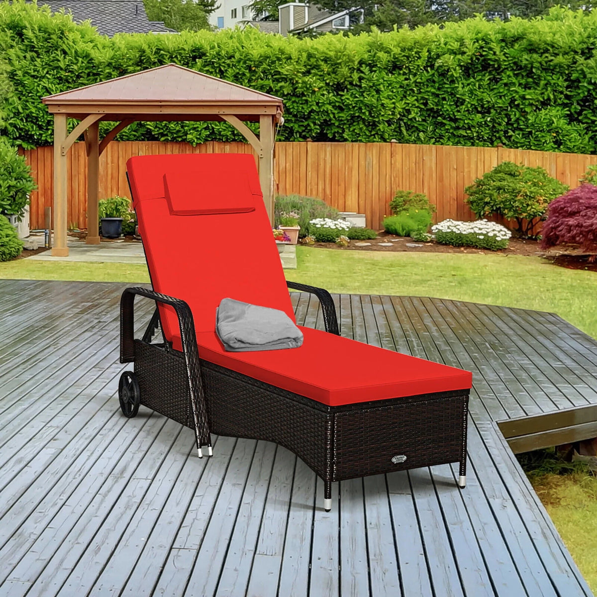 Gymax 2PCS Cushioned Outdoor Wicker Lounge Chair w/ Wheel Adjustable Backrest Red & Off White