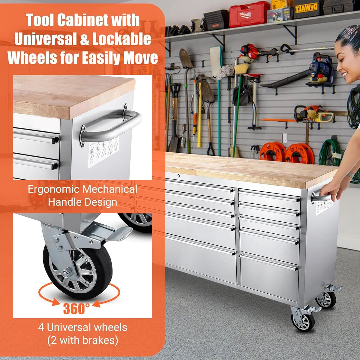 Kojooin 72-Inch Rolling Tool Cabinet, Large Rolling Tool Chest with 15-Drawer and Mobile Workbench, Heavy Duty Steel Storage Cabinet with Locking System for Warehouse, Garage, Basement