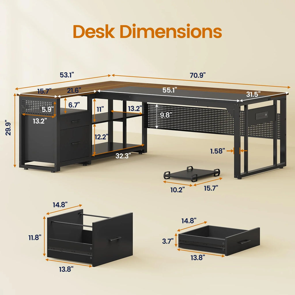 71" Executive Desk with Power Outlets, Modern L Shaped Office Desk with File Drawers and Pegboard, Large Computer Desk, Rustic Brown
