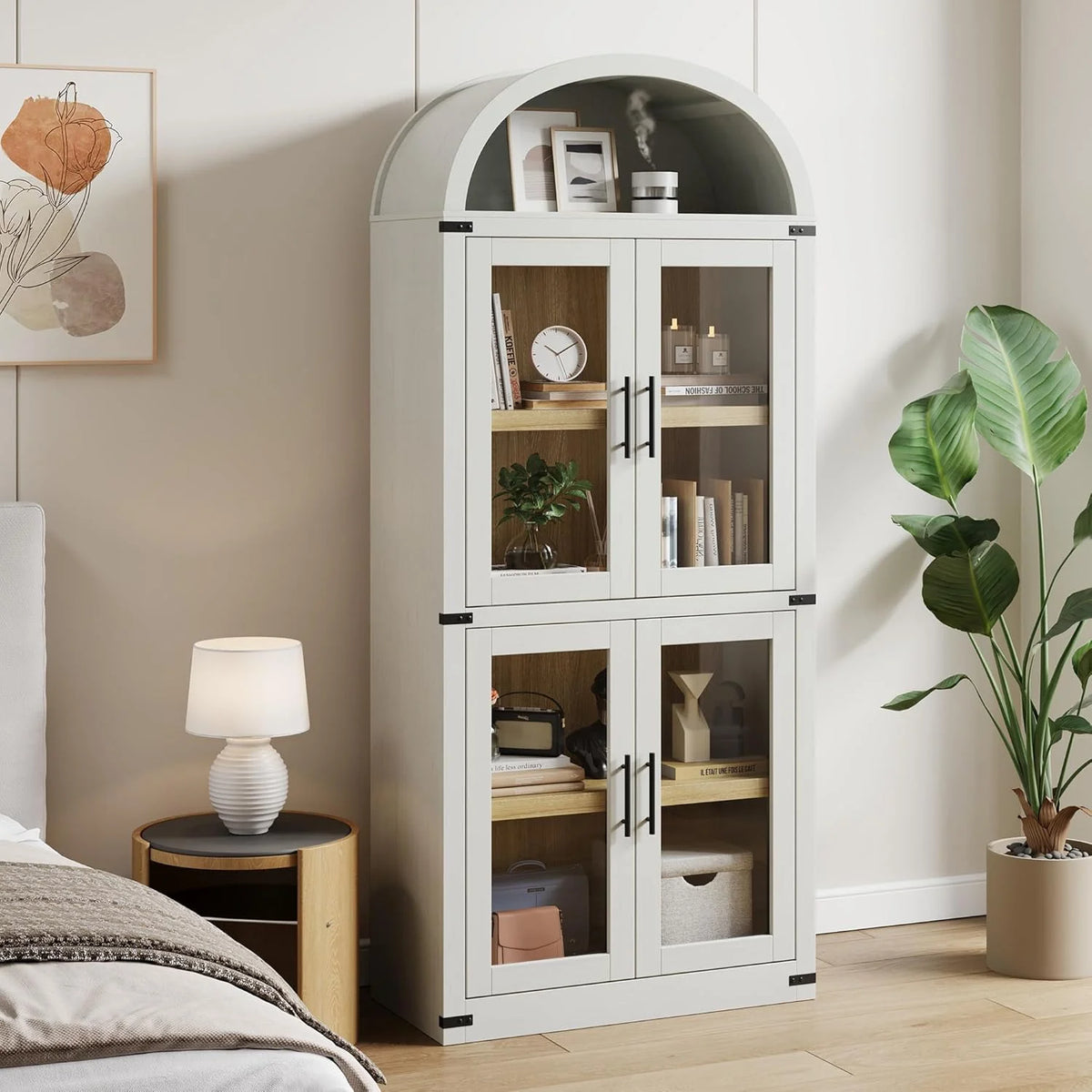 NEILA Arched Bookshelf with Doors - Glass Doors - 15.83 inches deep by 71.4 inches tall rustic ambiance premium wood display cabinet for living room, kitchen and office,Glass Door_Black
