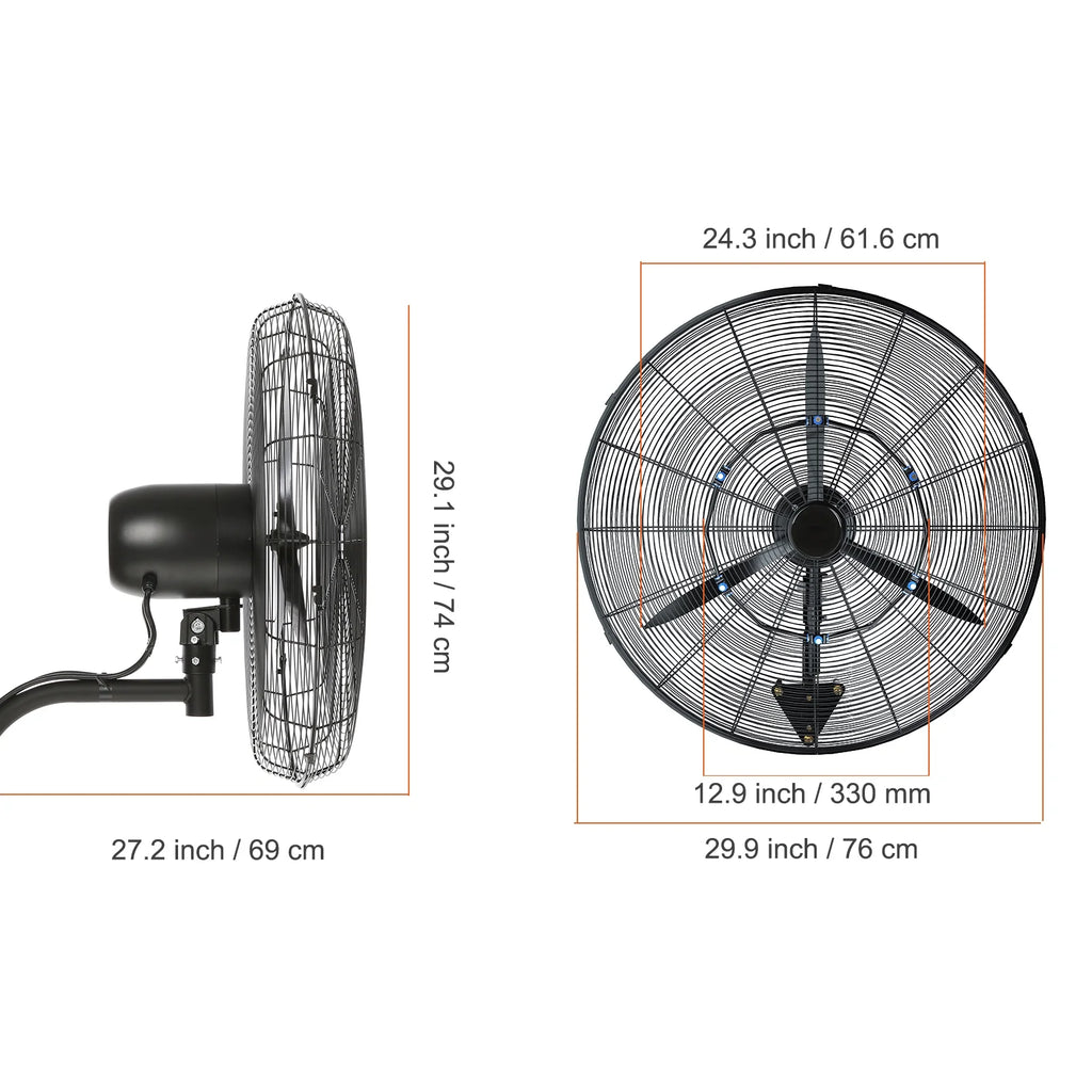 VEVOR Wall-Mount Misting Fan Oscillating Metal Fan 24.3'' 3 Speed Waterproof