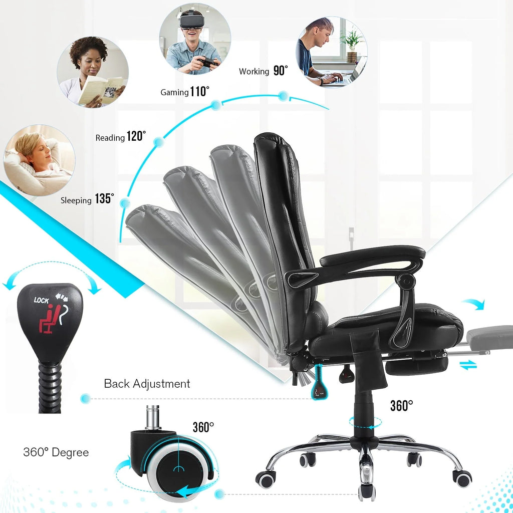 YODOLLA Ergonomic Office Chair with Heated 7 Points Massage Retractable Footrest, High Back Swivel Leather Chair Big and Tall Heated Reclining Office Chair, Black