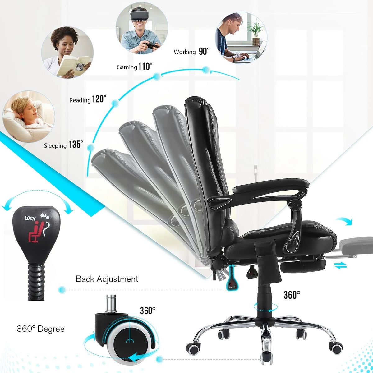 YODOLLA Ergonomic Office Chair with Heated 7 Points Massage Retractable Footrest, High Back Swivel Leather Chair Big and Tall Heated Reclining Office Chair, Black