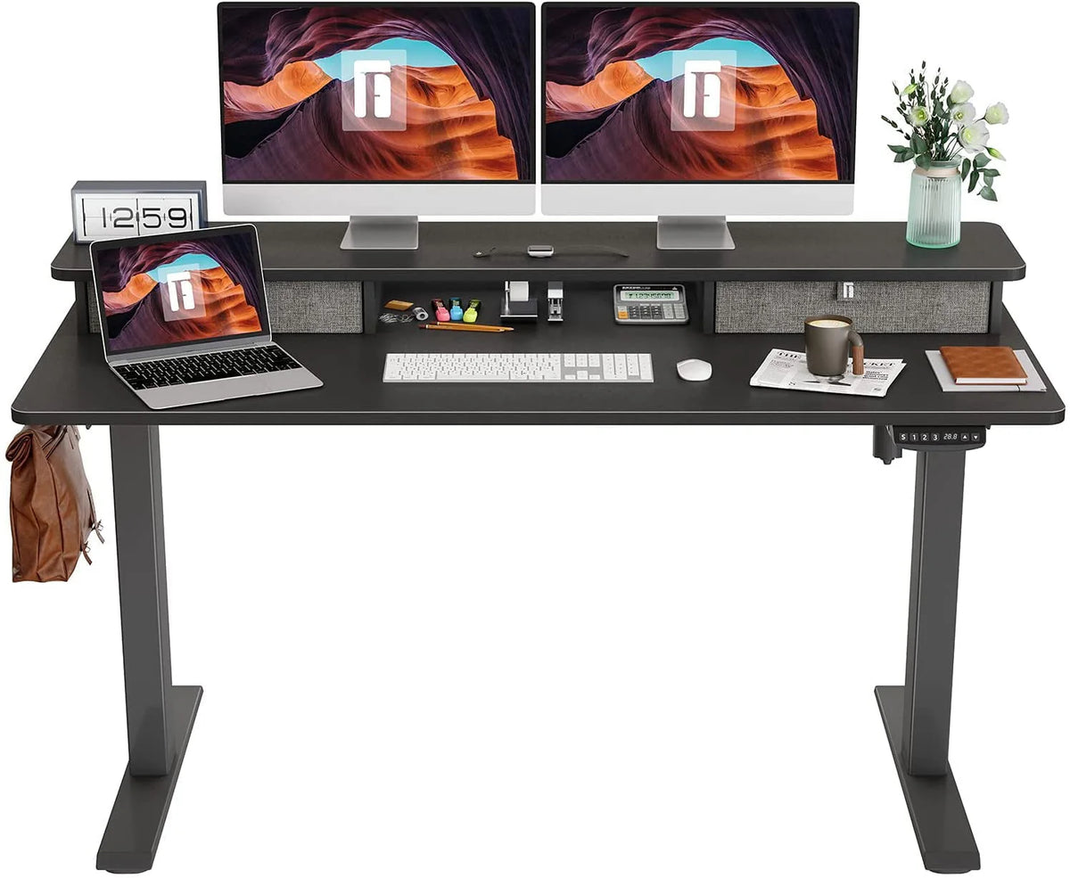 Fezibo Height Adjustable Electric Standing Desk with Drawers and Storage Shelf, Sit Stand Desk with Splice Board, Black Finish, 55"