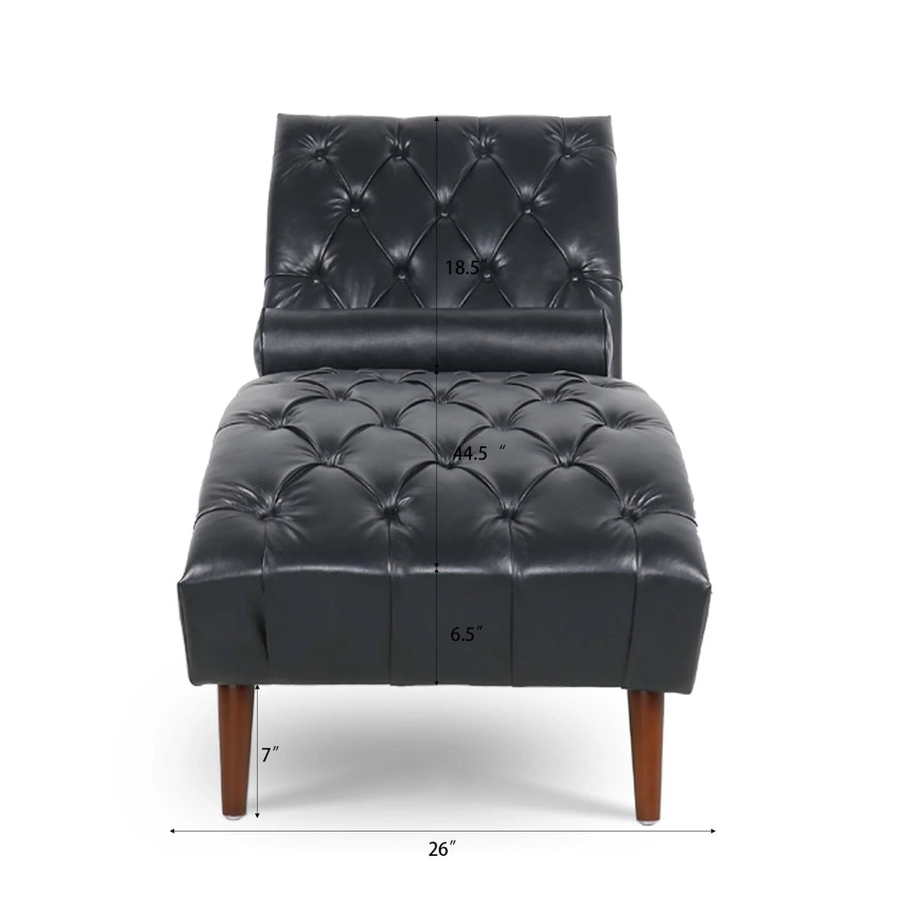 Upholstered Chaise Lounge, Indoor Recliner Sleeper Chair with Lumbar Pillow, Tufted Lounge Chair with Solid Wood Legs, Single Armless Rest Sofa Chair for Living Room Bedroom Office, Black PU