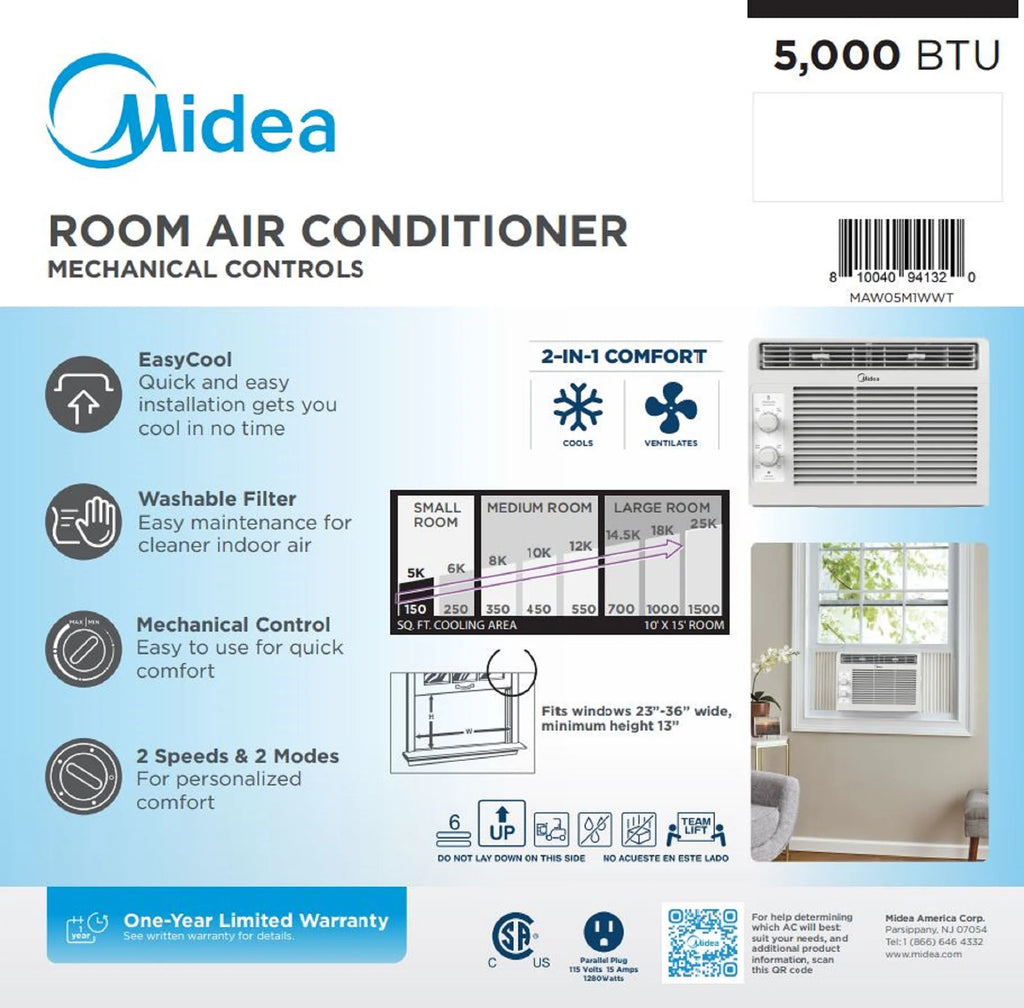 Midea 5,000 BTU 150 Sq ft Mechanical Window Air Conditioner, White, MAW05M1WWT, New
