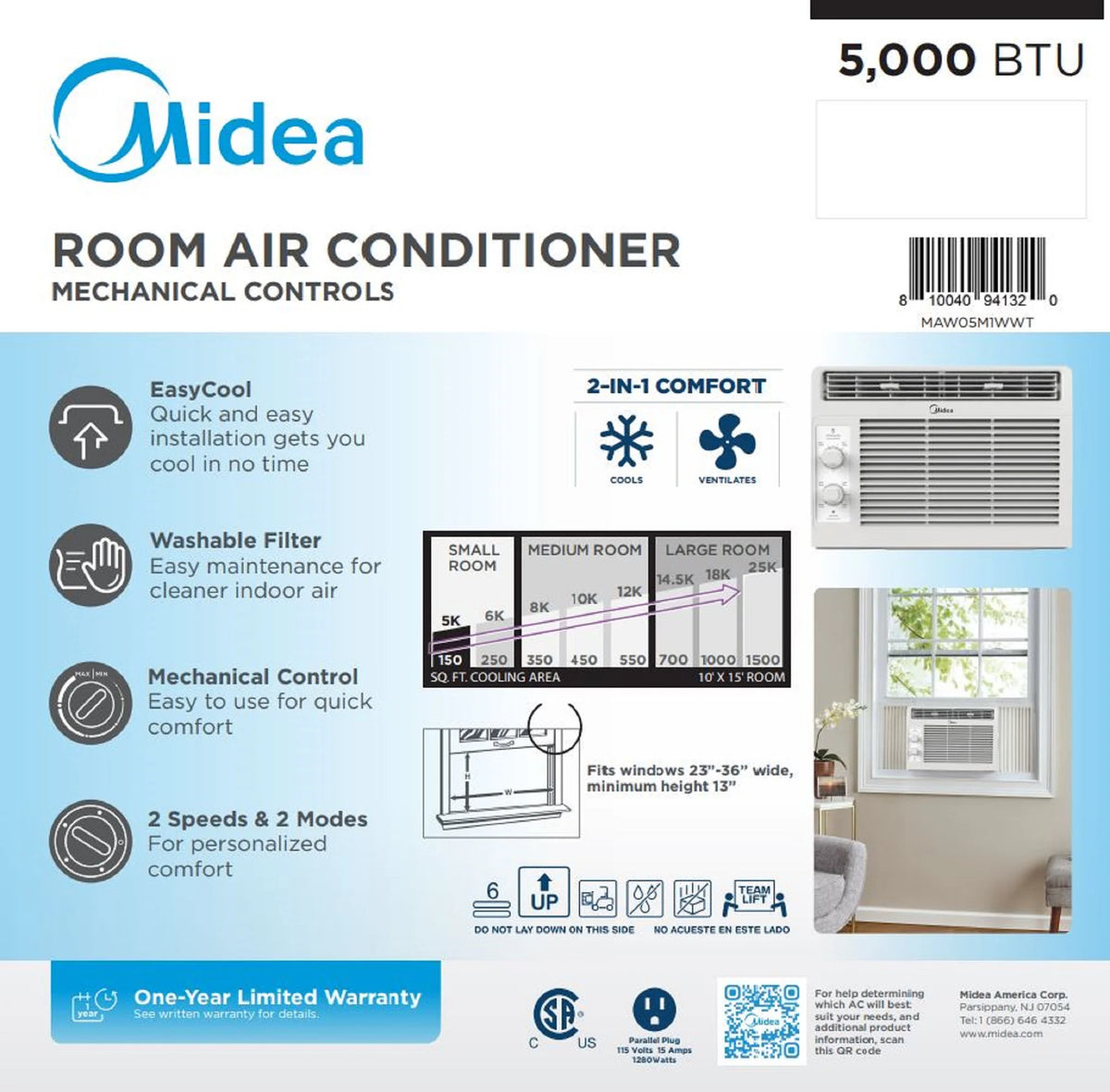 Midea 5,000 BTU 150 Sq ft Mechanical Window Air Conditioner, White, MAW05M1WWT, New