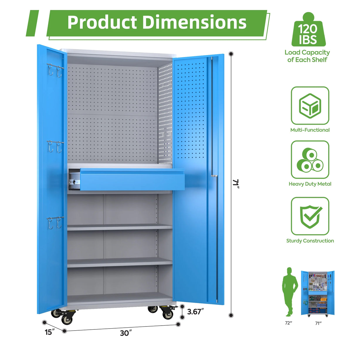 SUPEER 71" Metal Storage Cabinets with Wheels and Pegboards, Industrial Cabinet with 2 Drawers and 2 Adjustable Shelves,, Assembly Required