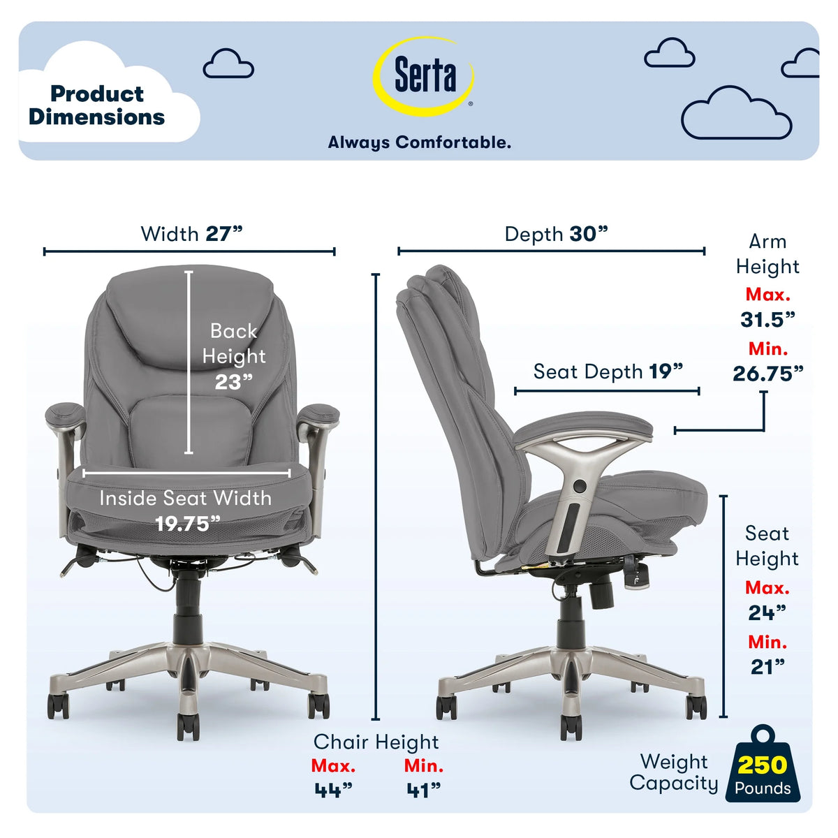 Serta Back in Motion Technology Fabric Executive Office Chair, Light Gray