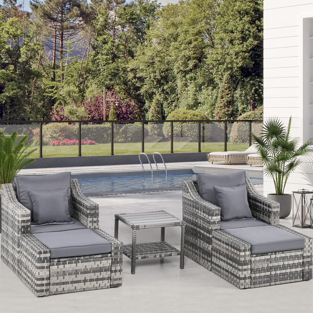 Outsunny 5 Piece Patio Furniture Set, All Weather PE Rattan Conversation Chair & Ottoman Set w/ Table, Cushions & Pillows Included, Beige