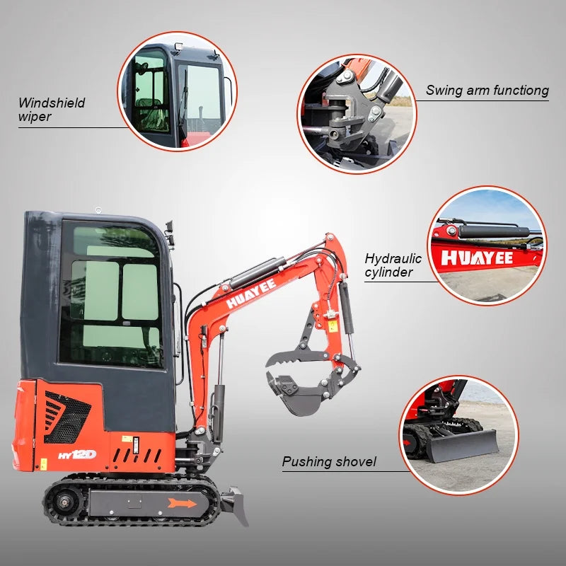HUAYEE 1.4 Ton Cab Version Mini Excavator - HY12D, with 13.5 HP B&S Gasoline Engine, Swing Function, Mechanical Thumb Clamp, Mechanical Quick - Change, Hydraulic cooler, Electric Fan, In-stock in US