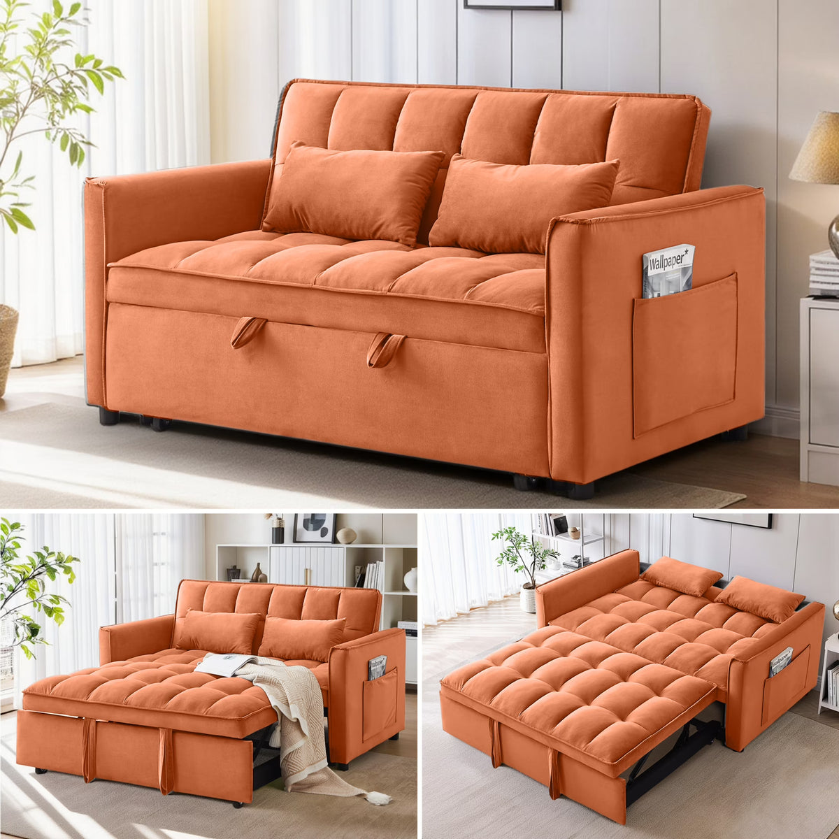 EPOWP Convertible Sofa Bed, 3 in 1 Pull Out Sleeper Loveseat Couch with Storage, Black