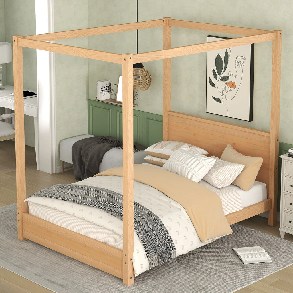 Modern Full Size Canopy Platform Bed with Headboard and Support Legs,Natural