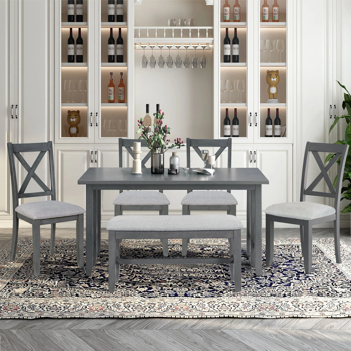 HANSHE Dining Table Set for 6, Farmhouse Dining Table Set with Foldable Table, Bench & 4 Chairs, Kitchen Table Sets with Chairs, Dining Room Set for Home Apartment Dorm, Gray