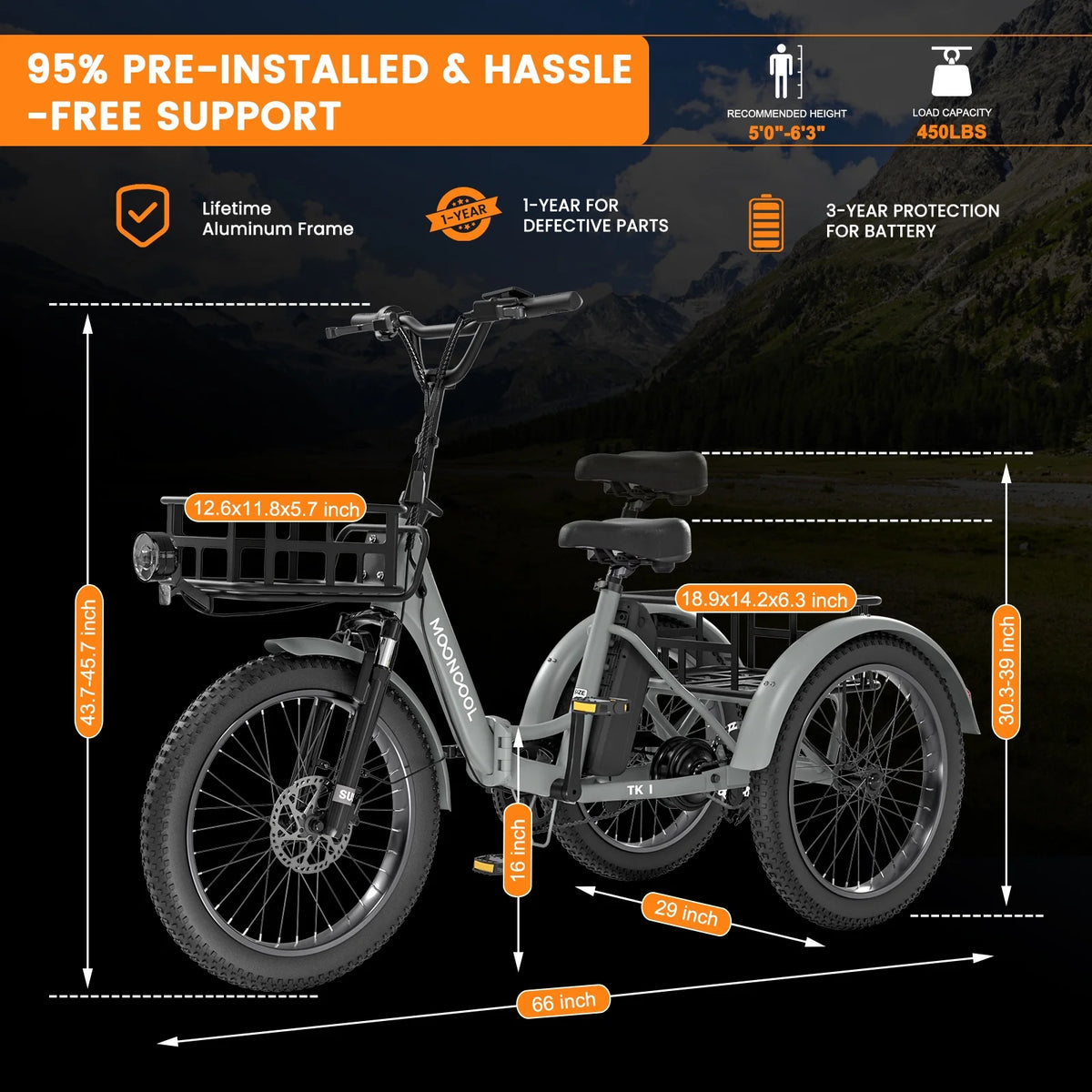 MOONCOOL TK1 Folding Electric Tricycle for Adults,48V 14.5Ah Removable battery, 500W��Peak 1000w��Motor, 20" Fat Tire Step-Thru 3Wheel Electric Bicycle w/Front&Rear Baskets, Certified to UL 2849 by SGS
