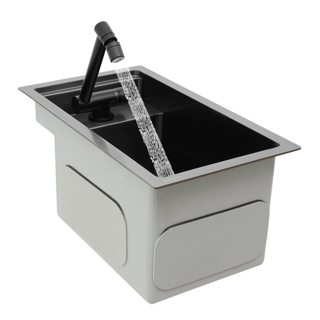 Modern Drop in Bar Sink, Single Bowl Kitchen Sink with Foldable Faucet, Black Nano 304 Stainless Steel Utility Sink for Compact Kitchen Commercial Hotel RV Laundry