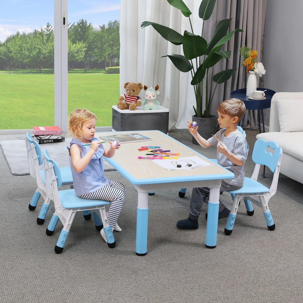 LAZY BUDDY Kids Table and 4 Chairs Set, Height Adjustable Toddler Desk with Graffiti Desktop, Kids Activity Table Set for Daycare, Home