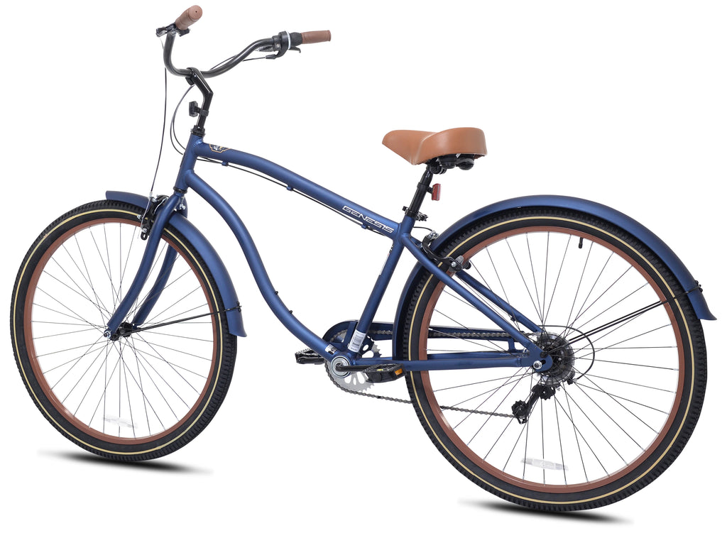 29-inch Men's Salerno Aluminum Relaxed Cruiser Bike with 7 Speeds, Navy Blue and Brown