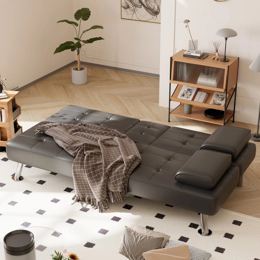 Furmax Futon Sofa Bed Convertible Folding Faux Leather Couch with 2 Cup Holders,Black